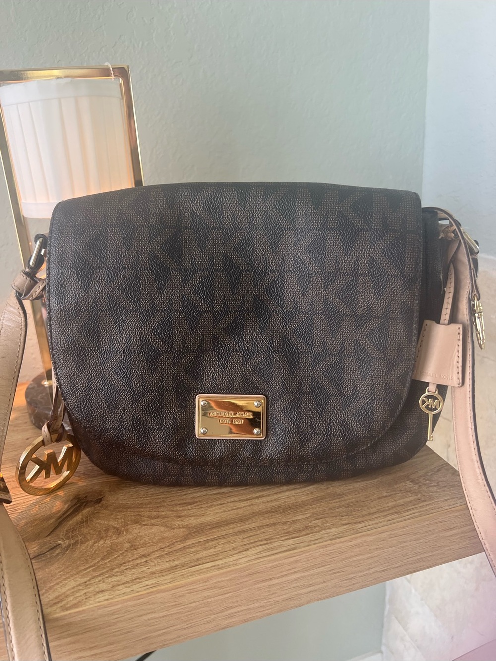 Michael Kors Brown Monogram Crossbody with Pink Trim